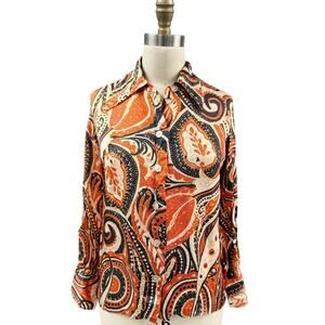 VTG 1970s Russ Blouse Fab Abstract Floral Pattern Orange Disco Nylon Sz 10/32